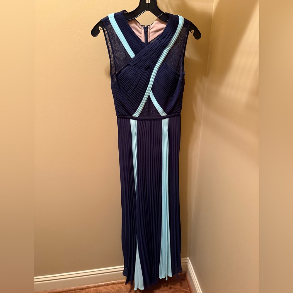 BCBG Elegant Navy and Light Blue Pleated Dress